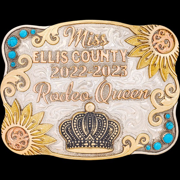Our beautiful Ellis Custom Belt Buckle features sunflower corners and turquoise stones. Customize this women's buckle for the next rodeo queen!